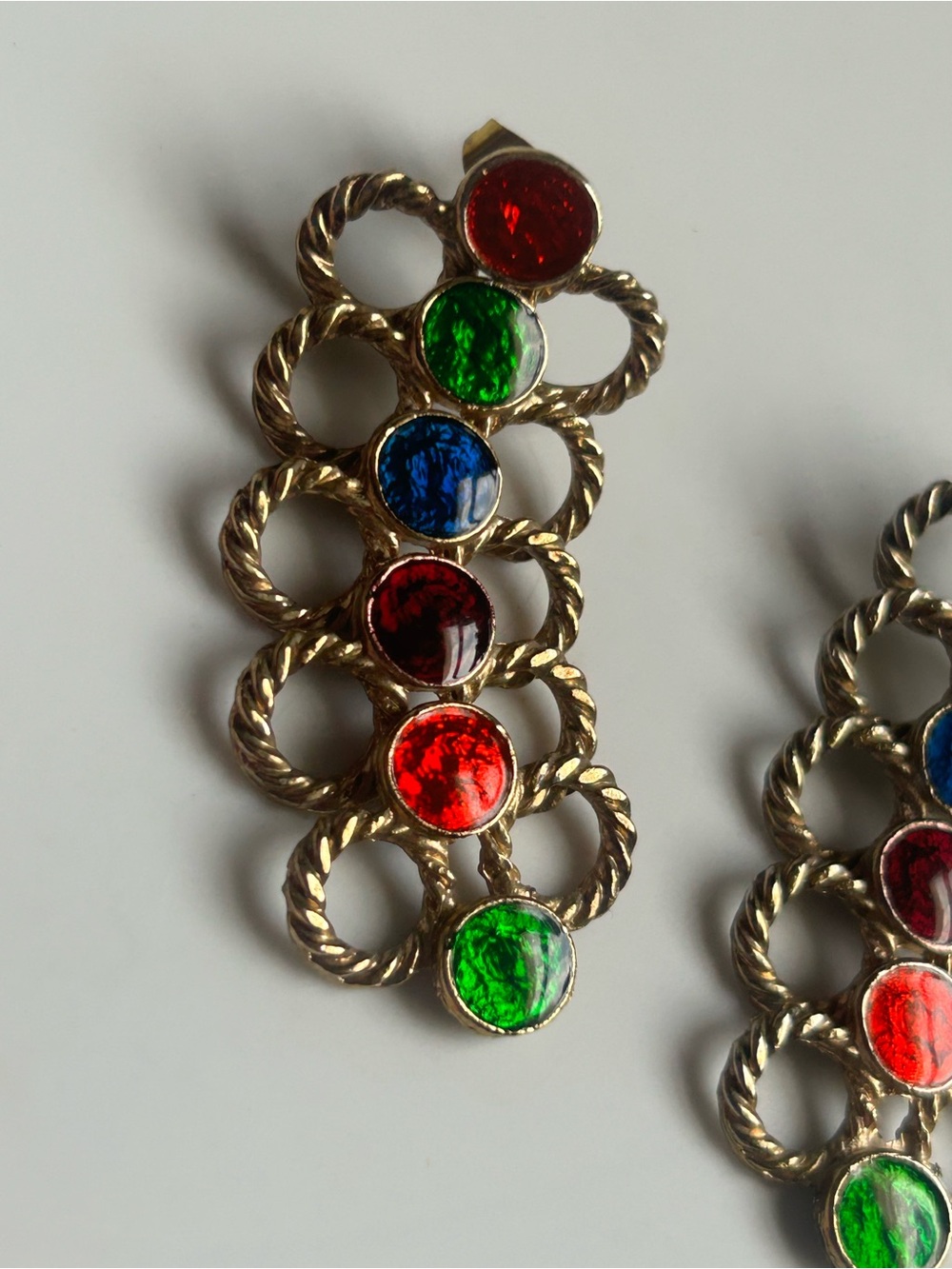Vintage 80s Multicolor Cabochon Gold Drop Dangle Statement Earrings Runway - Picture 4 of 12